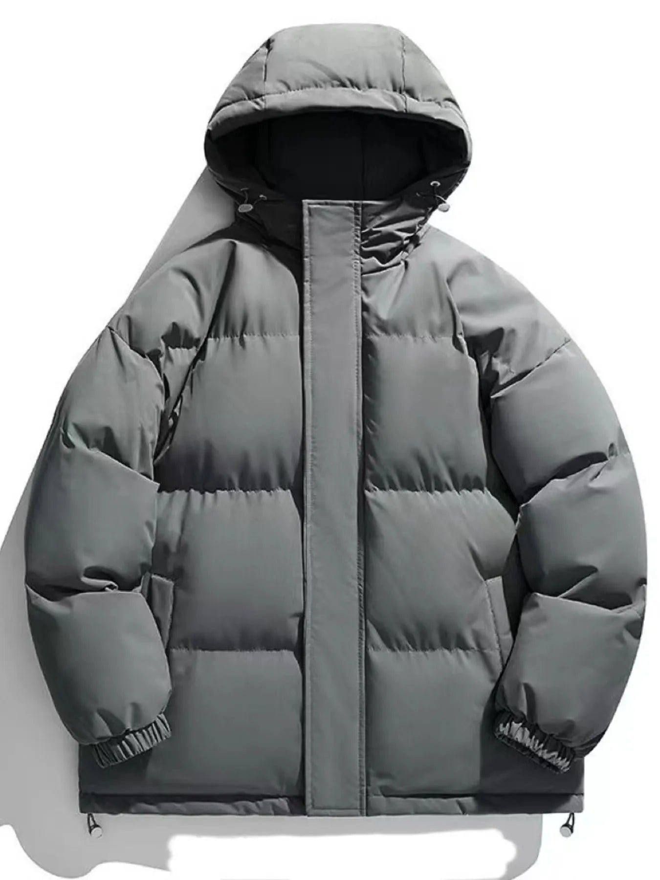 Grey oversized puffer jacket with hood and zip closure, casual winter outerwear