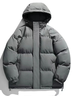 Grey oversized puffer jacket with hood and zip closure, casual winter outerwear