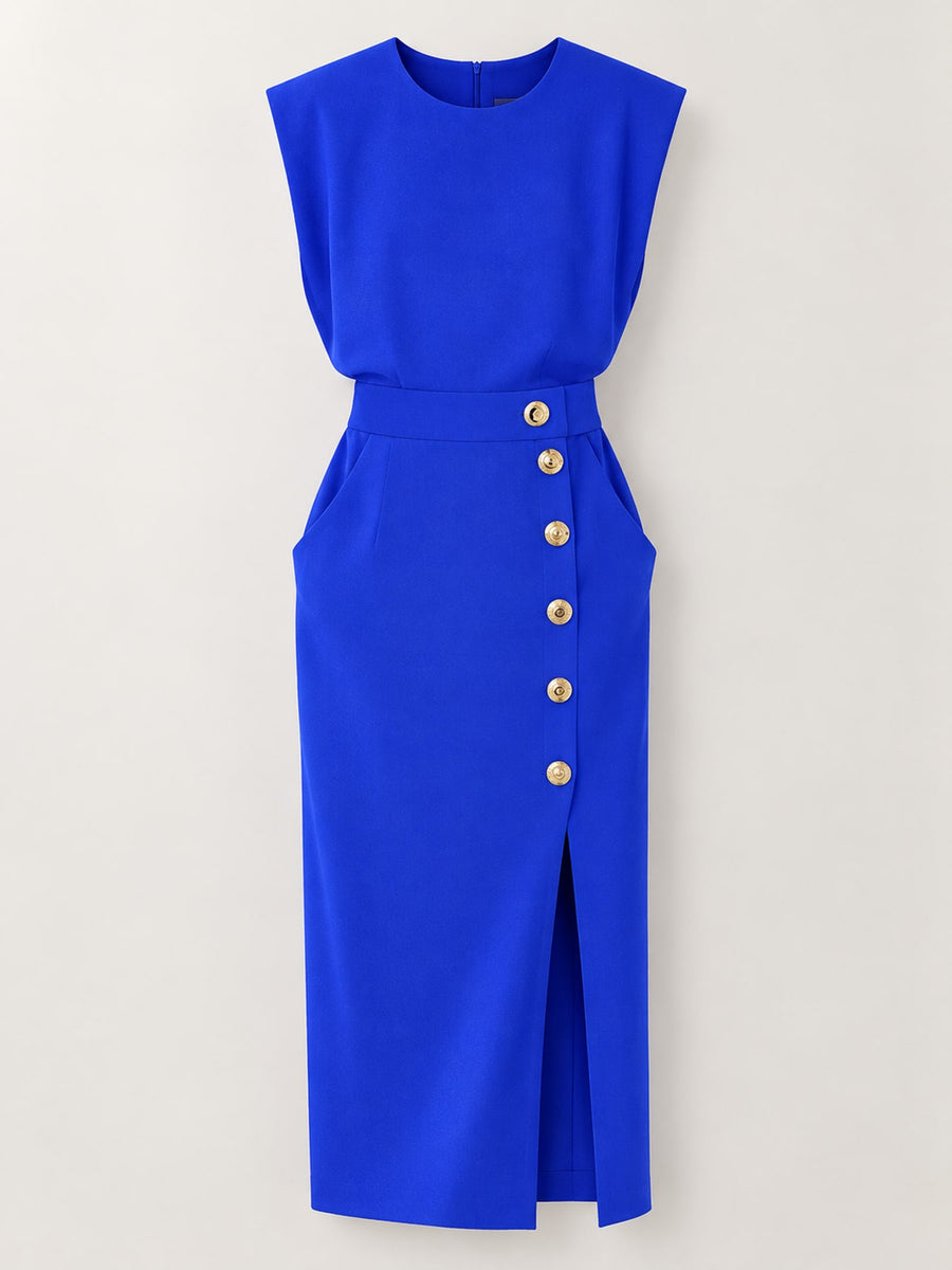 Sleeveless Midi Bodycon Dress With Gold Buttons in Green