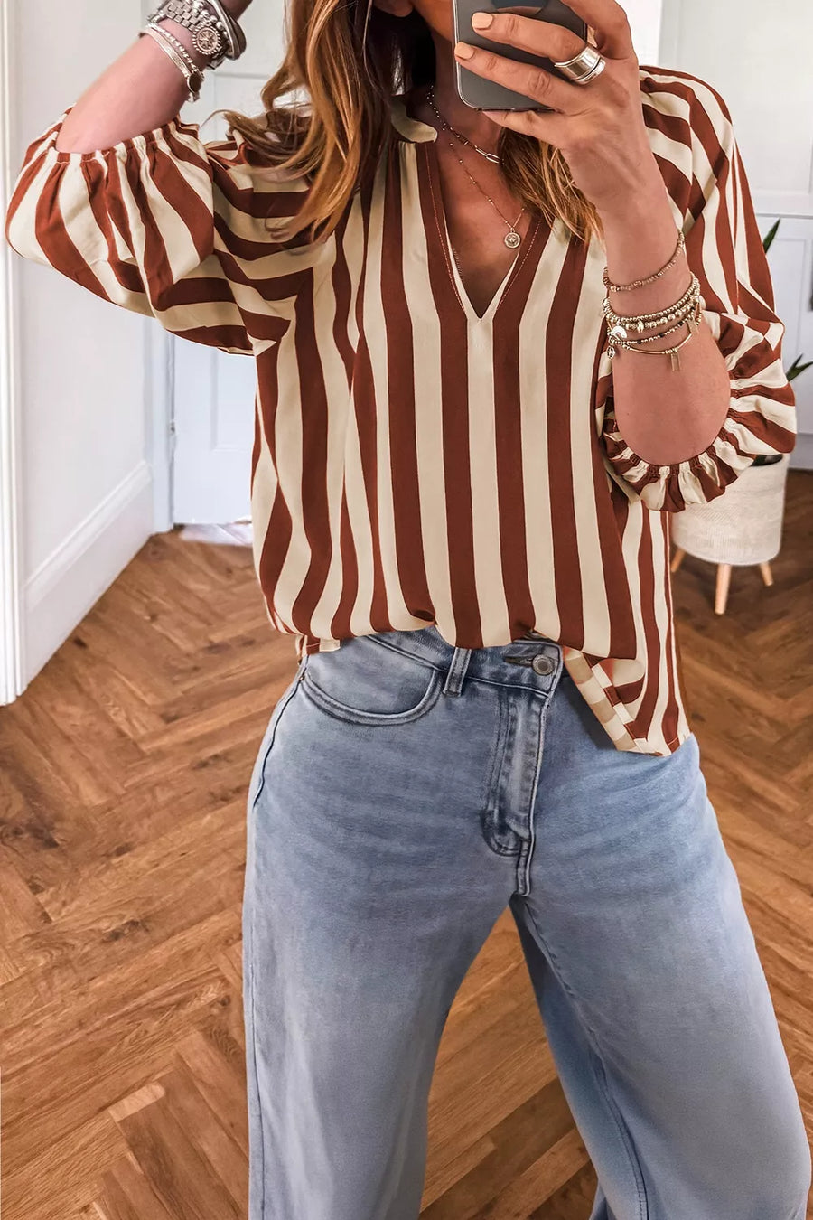 Striped Notched Half Sleeve Casual Blouse option 5