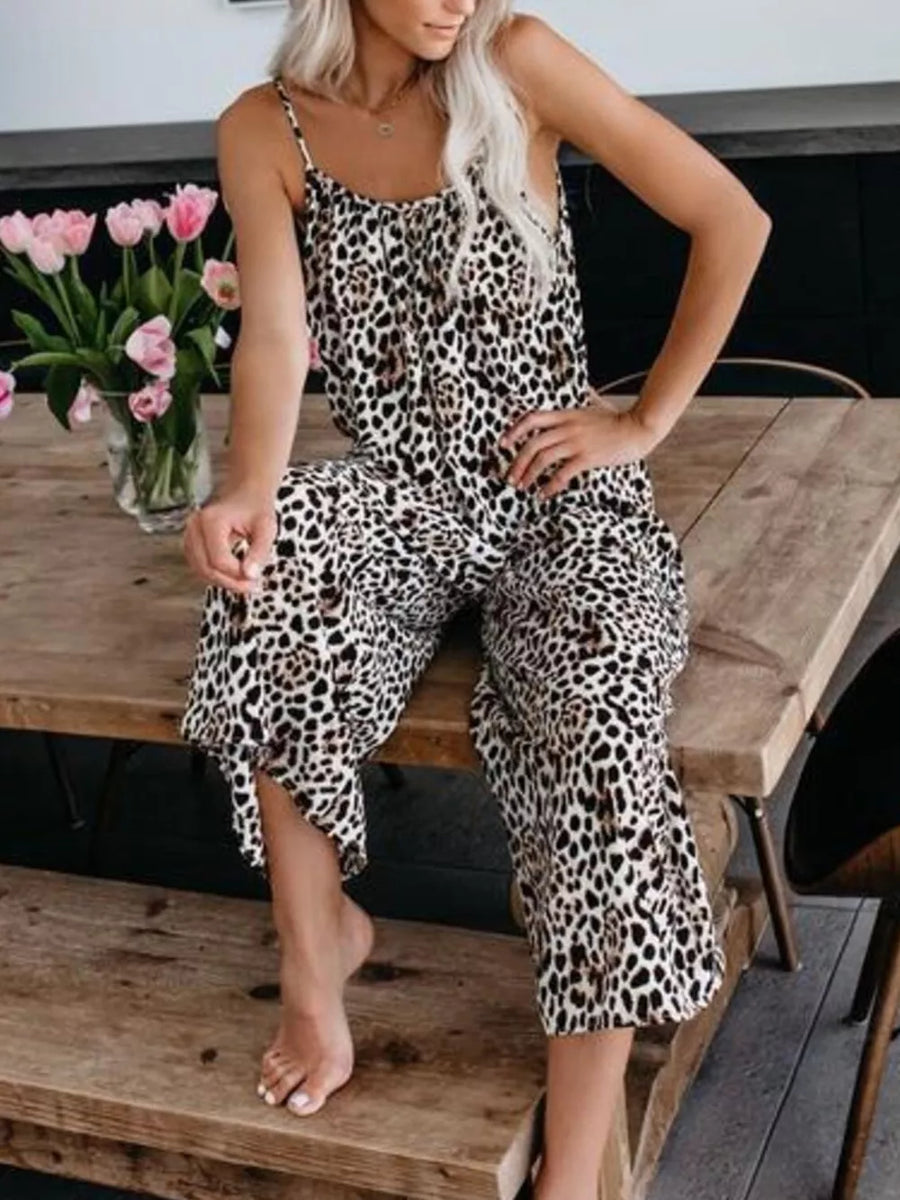 Leopard print spaghetti strap wide leg jumpsuit with side slits