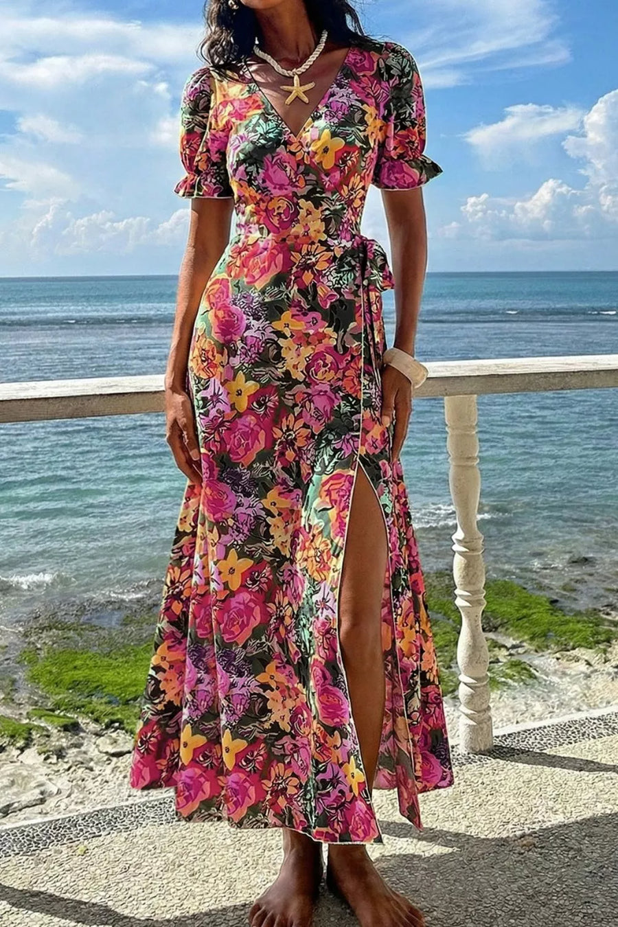Floral with Slit Floral Short Sleeve Maxi Dress in Floral