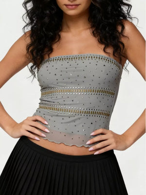 Strapless gray top with rhinestone embellishments and scalloped hem
