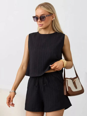 Black textured cotton tank top and drawstring shorts set