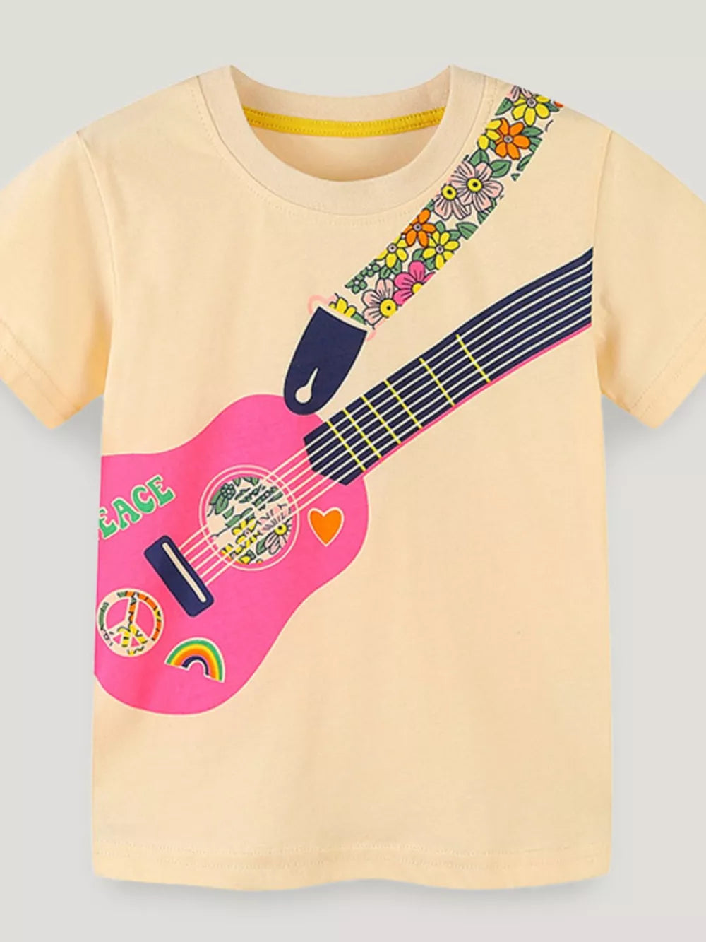 Toddler crew neck t-shirt in light yellow cotton with a pink guitar graphic and floral strap.