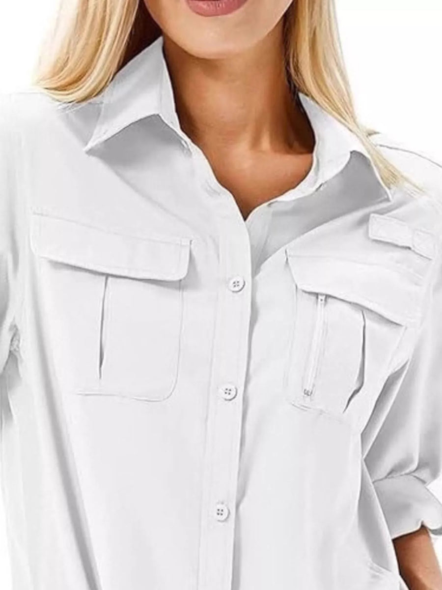 White button-up shirt with roll-up sleeves and dual chest pockets, one with a zipper detail.