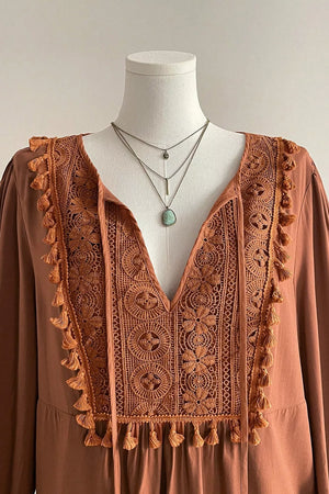 Plus Size V Neck Embroidered Tassel Blouse option 5