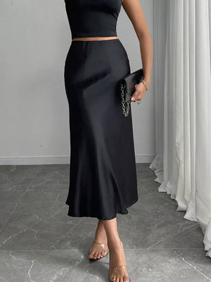 Satin Midi Skirt in Dark Gray