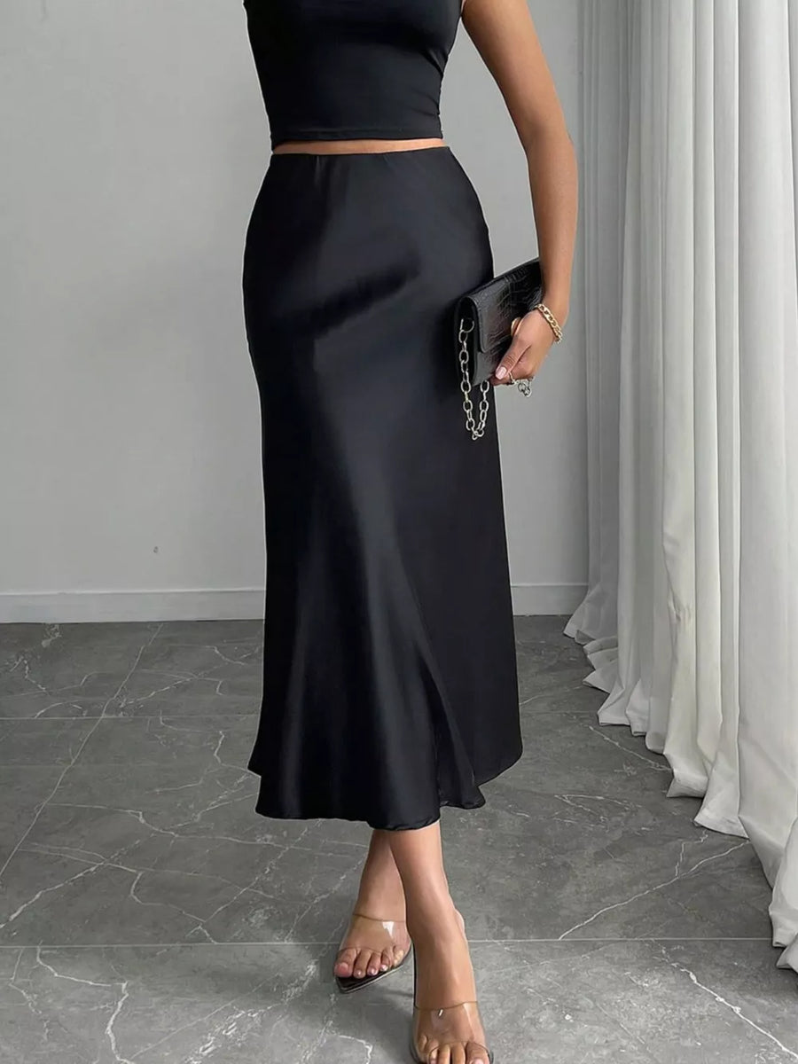 Satin Midi Skirt in Dark Gray