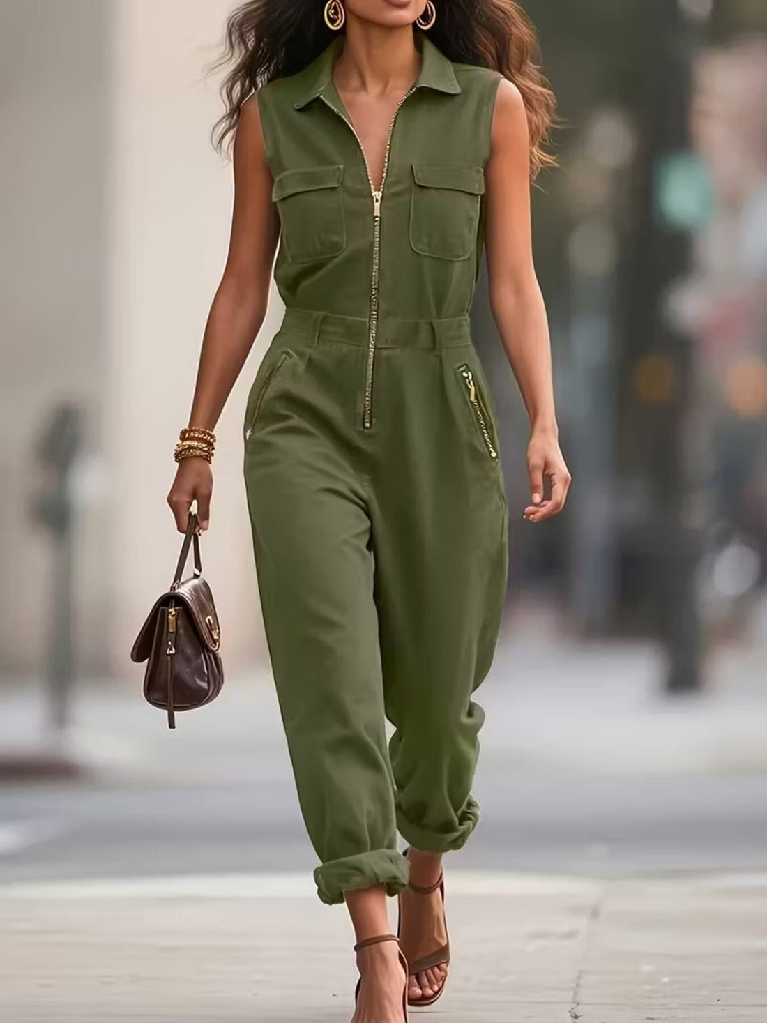 Green collared sleeveless zip-up romper with chest and side pockets