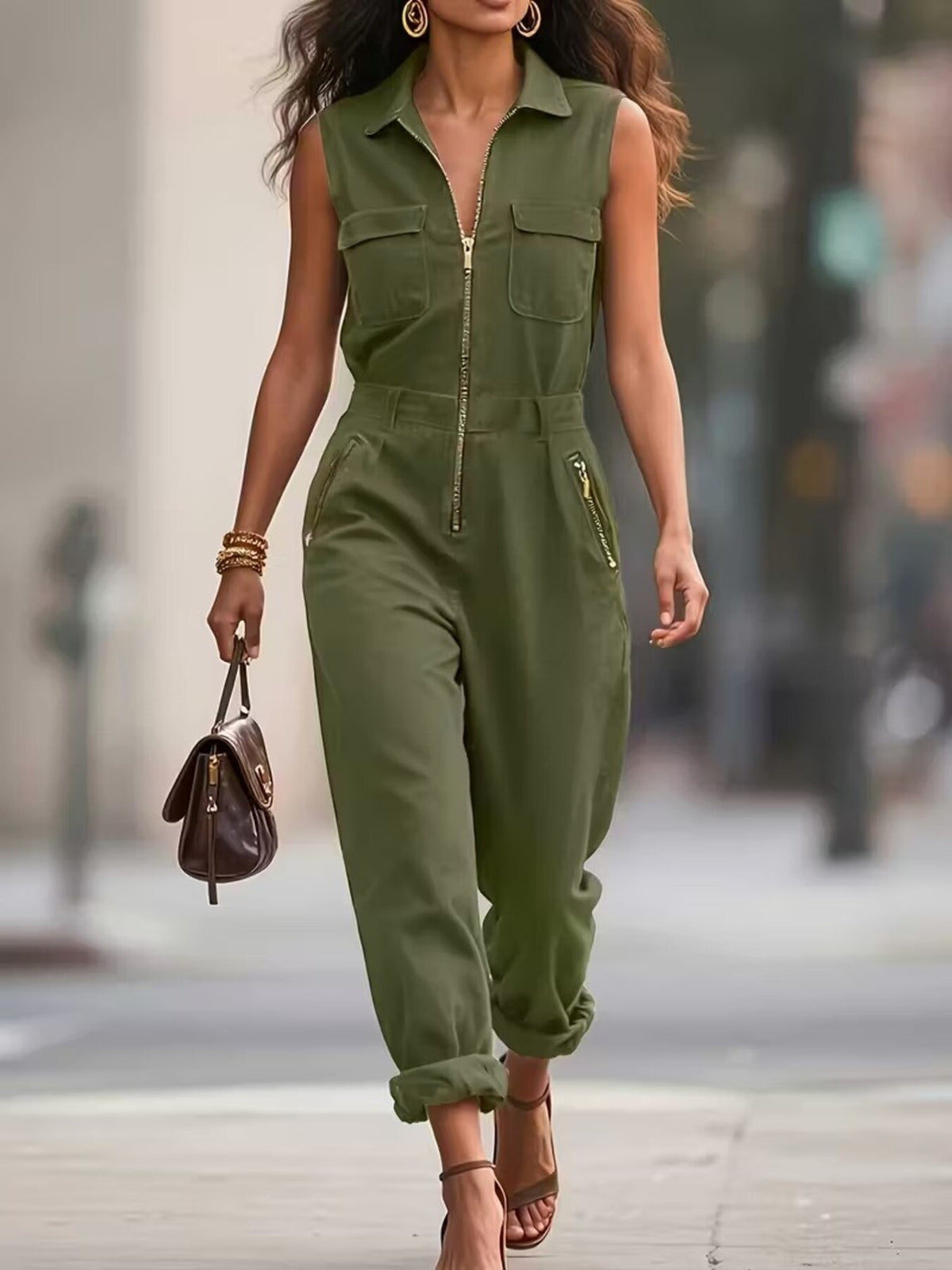 Green collared sleeveless zip-up romper with chest and side pockets