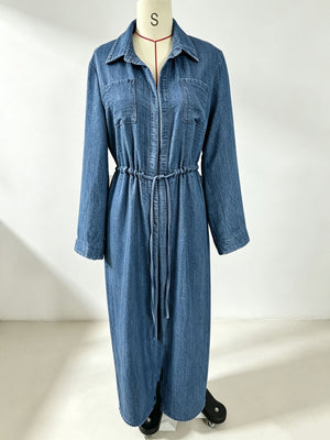 Navy shirt dress with maxi and button-front, drawstring