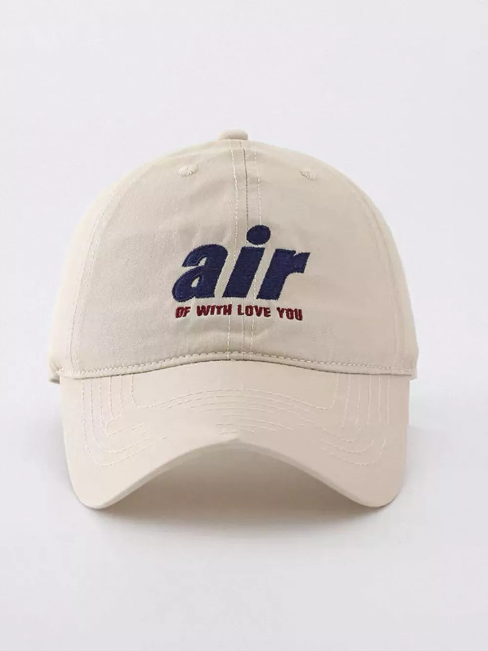 Khaki baseball cap with embroidered "air" and "of with love you" text