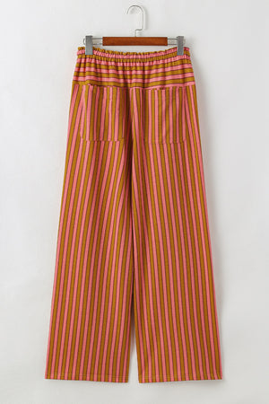 Wide leg pants with pink and brown stripes, drawstring waist, and patch pockets.
