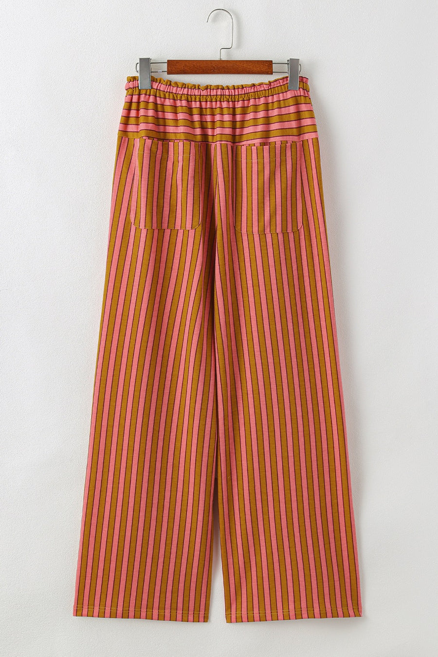 Wide leg pants with pink and brown stripes, drawstring waist, and patch pockets.