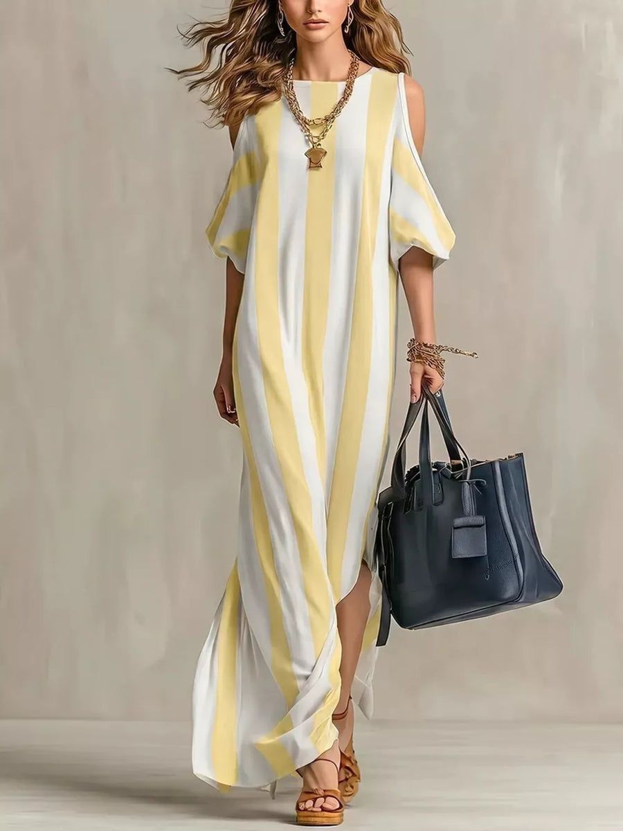 Striped Cold Shoulder Maxi Dress in Yellow