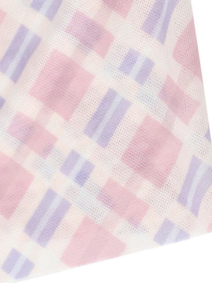 Ruched tied maxi dress in 100% polyester with a pink and purple geometric pattern.
