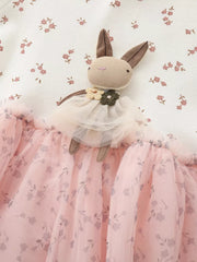 Baby dress with bunny applique, floral print, and pink tulle skirt.