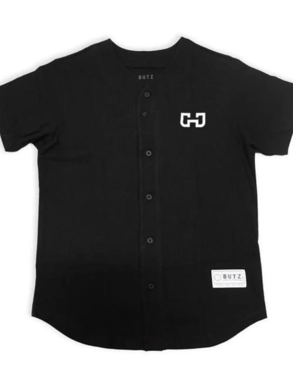 Black baseball jersey with embroidered logo and button front.