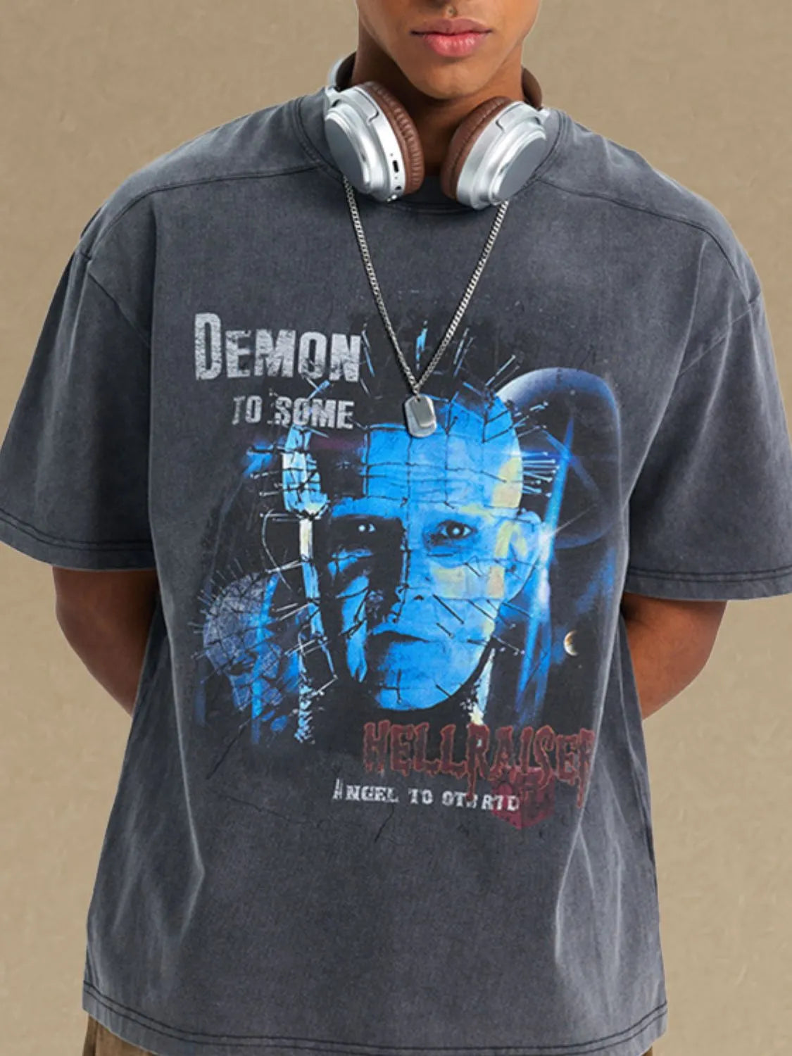 Dark Gray graphic tee with Hellraiser print and relaxed fit.