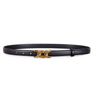 Black leather belt with gold chain buckle detail