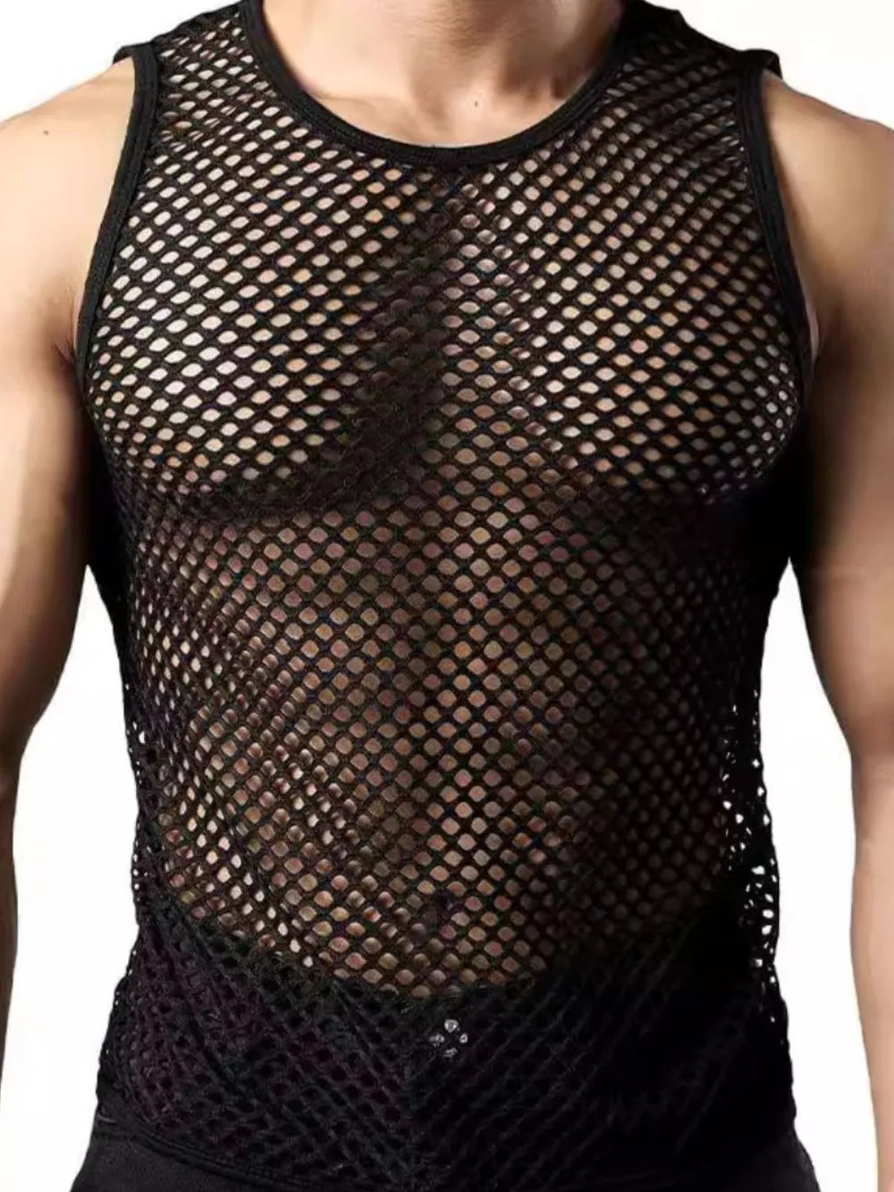 Black open-knit muscle tank top with crew neck and sleeveless design.