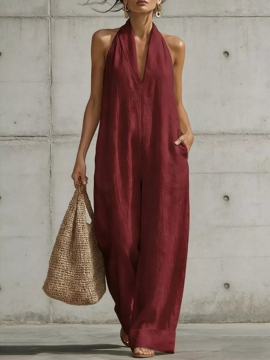 Burgundy Full Size Halter Neck Wide-leg Jumpsuit Plus Size
