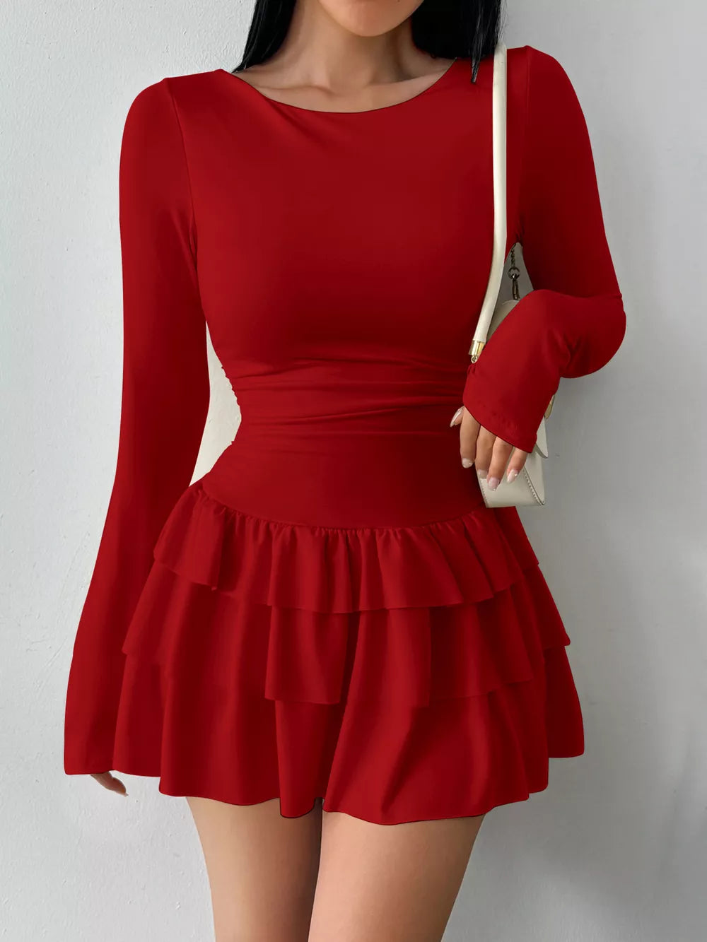 Ruched Long Sleeve Layered Ruffle Mini Dress in Red, view 14