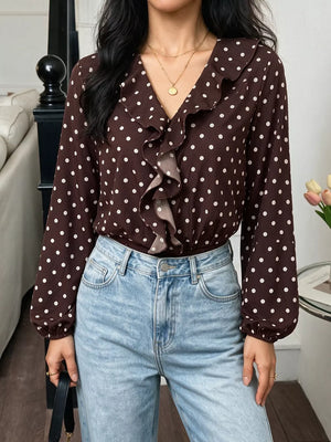 dark brown bodysuit with polka dot and v-neck