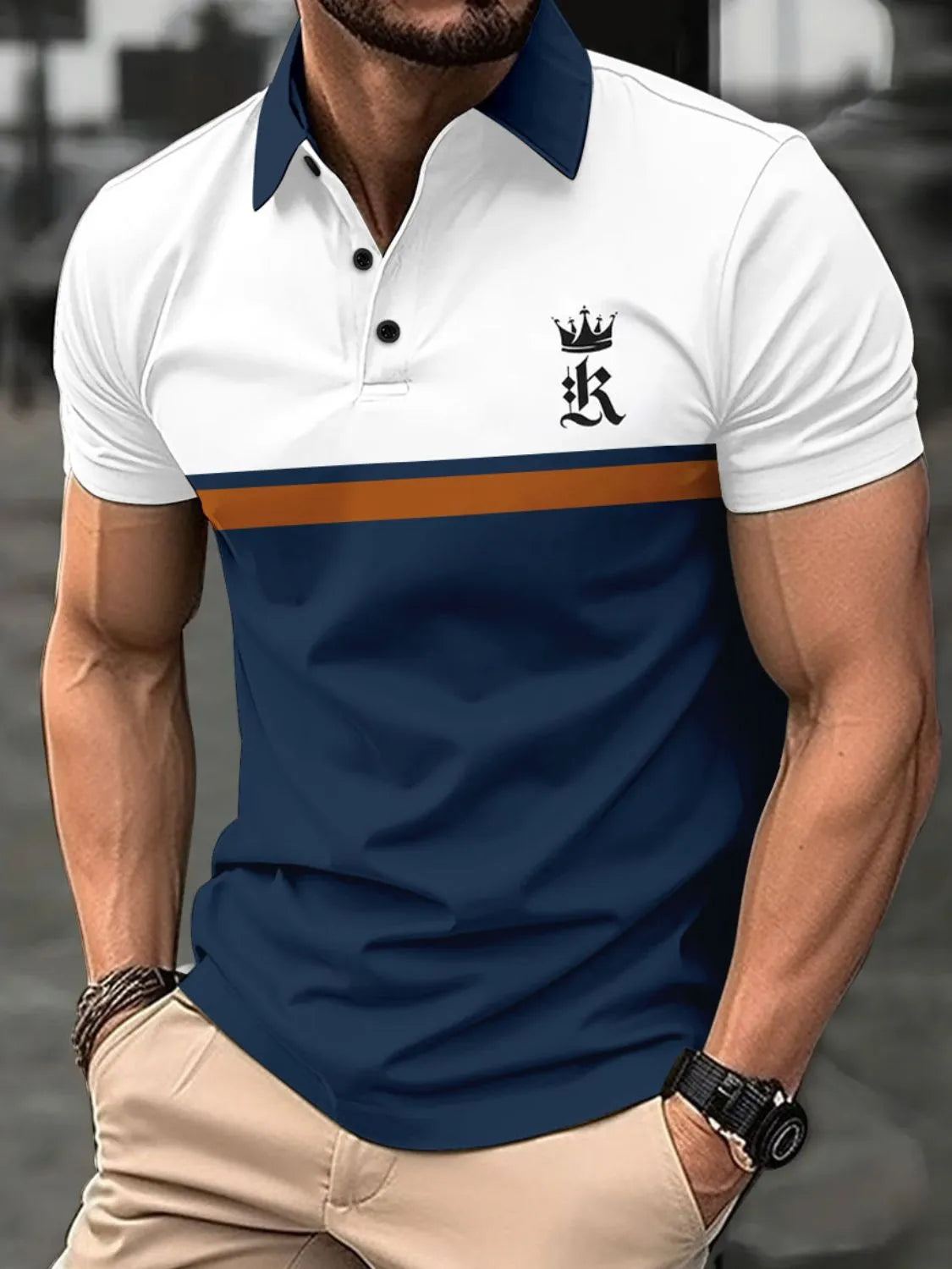 Colorblock polo shirt with crown graphic, navy and white with orange stripe