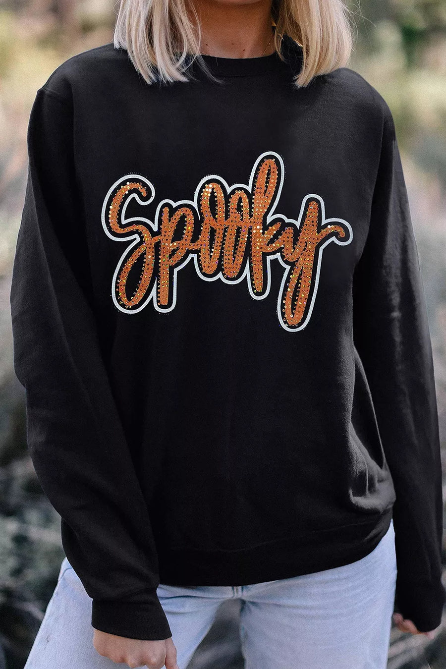 black sweatshirt with hip-length and pullover