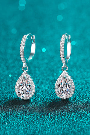 Silver pavé halo teardrop hoop earrings with clear cubic zirconia stones.