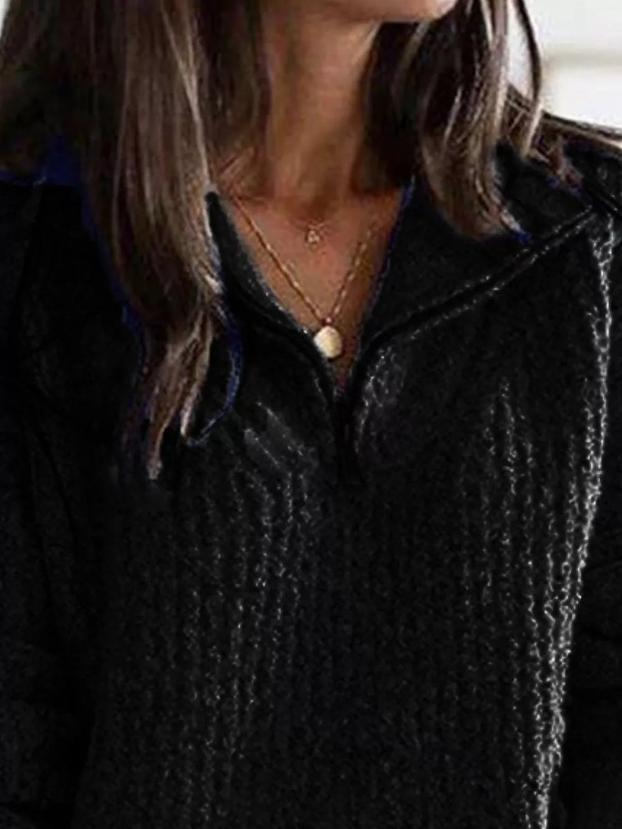 Khaki zip-up sweater with hip-length and half-zip