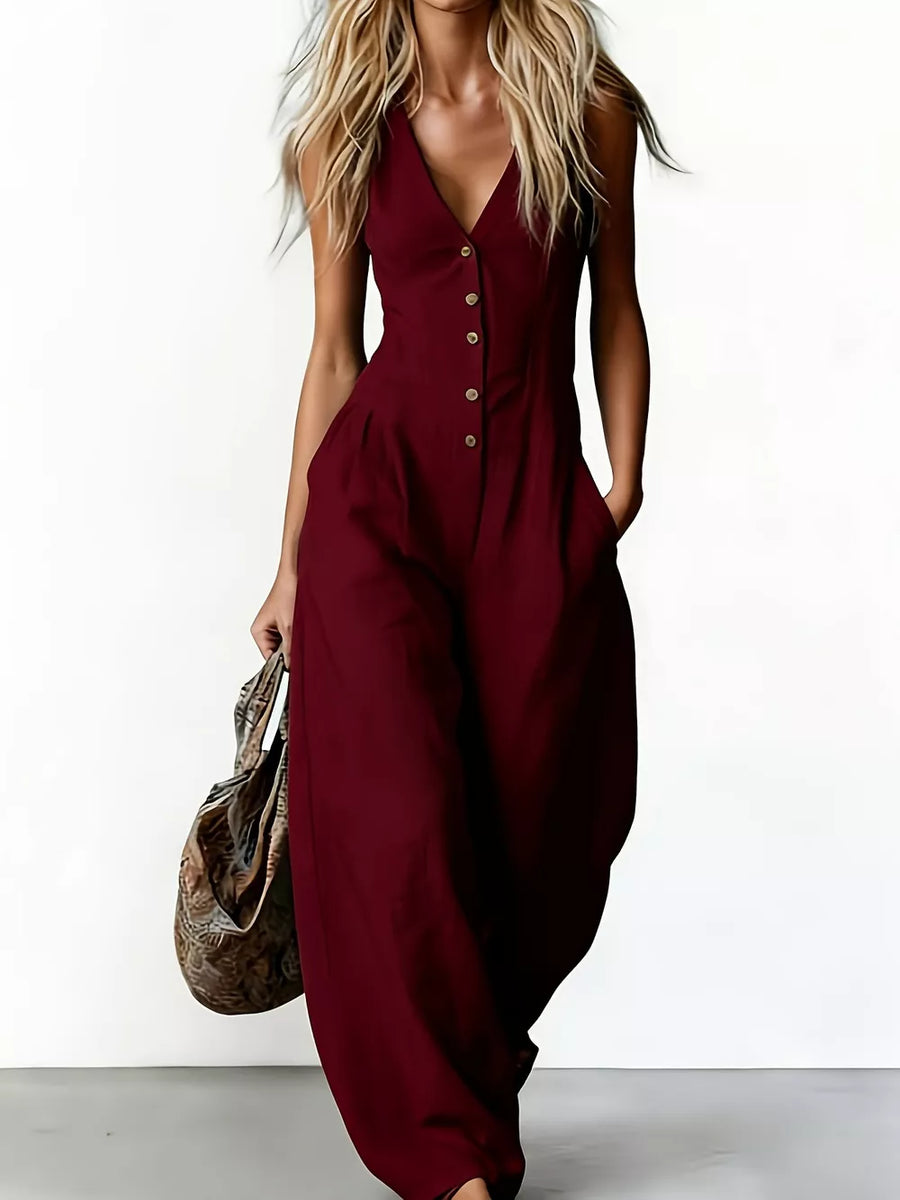 Black V-neck Button-down Wide-leg Jumpsuit