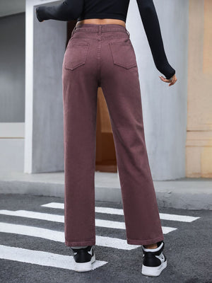 Relaxed straight leg jeans in dark brown with buttoned fly and back pockets.