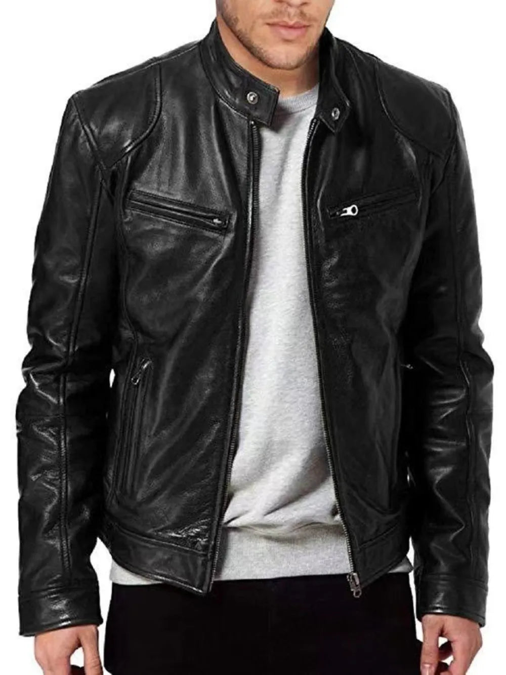 Blue Men's Full Size Leather Biker Jacket