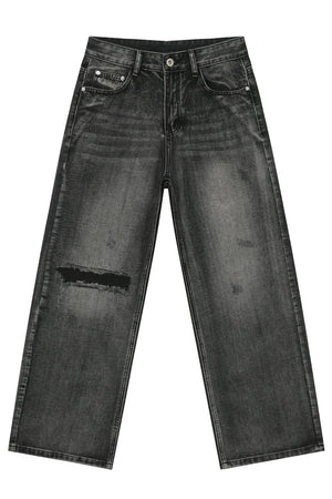 Baggy fit dark washed denim jeans with knee rip detail