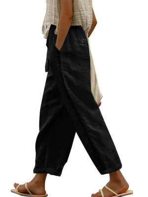Black linen blend pants with drawstring waist and side trim