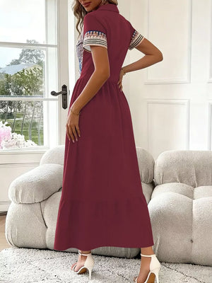 Burgundy maxi dress featuring buttoned and geometric
