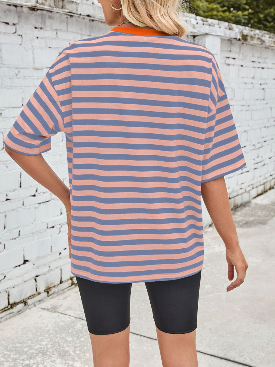 Relaxed fit t-shirt with wide blue and dusty pink stripes and contrast orange neck.