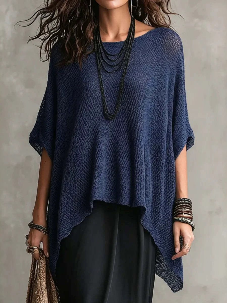Blue with Loose Knit Round Neck Plus Size Top