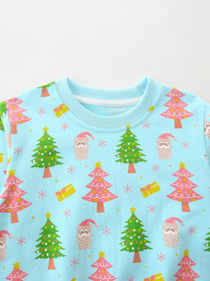 Aqua crew neck sweatshirt with Santa and Christmas tree print.