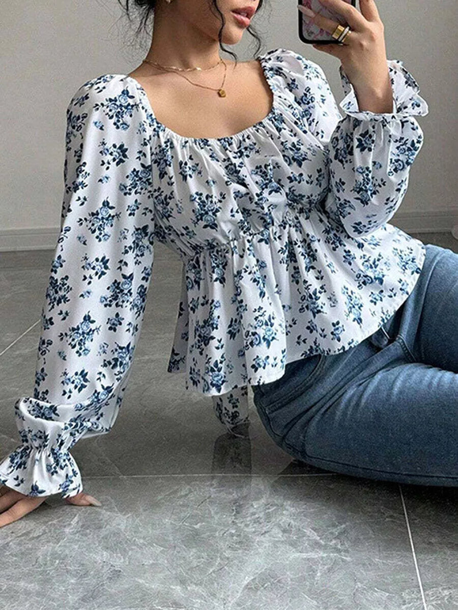 Floral with Floral Print Square Neck Peplum Blouse in Floral