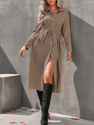 Taupe collared long sleeve midi shirt dress with tie waist and button front