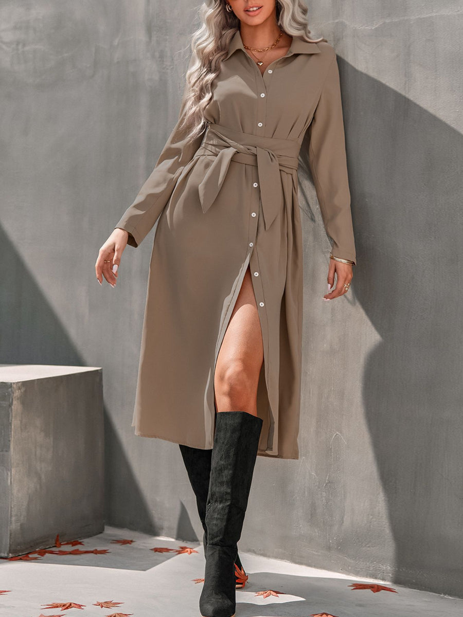 Taupe collared long sleeve midi shirt dress with tie waist and button front
