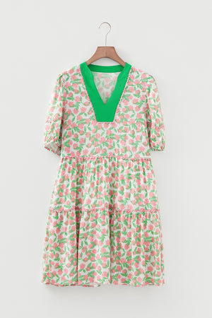 Tiered mini dress with green V-neck and pink floral print