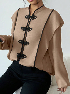 Mandarin Collar Relaxed Fit Blouse in Apricot with decorative button