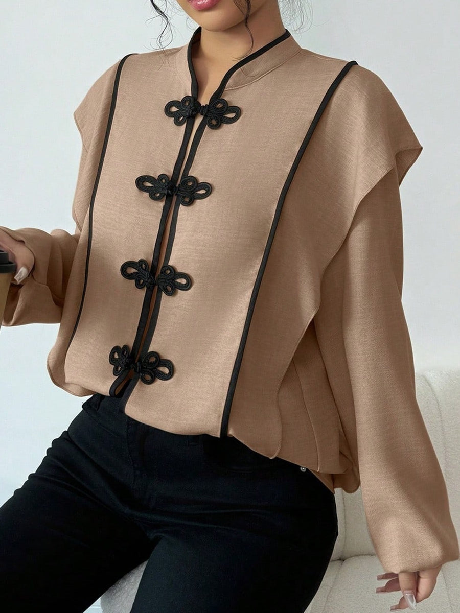 Mandarin Collar Relaxed Fit Blouse in Apricot with decorative button