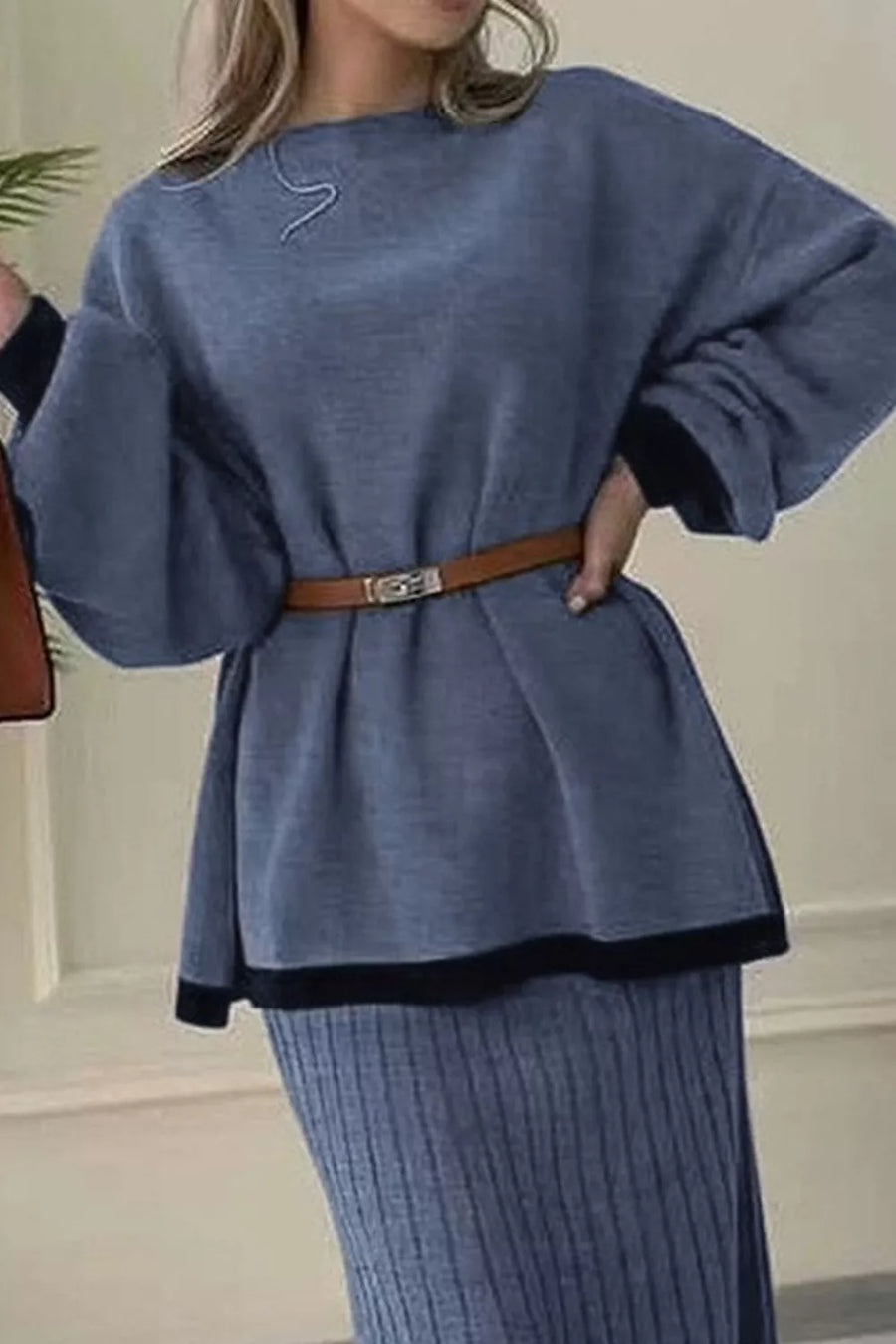 modern Sweater and Skirt Set in Dusty Blue with crew neck