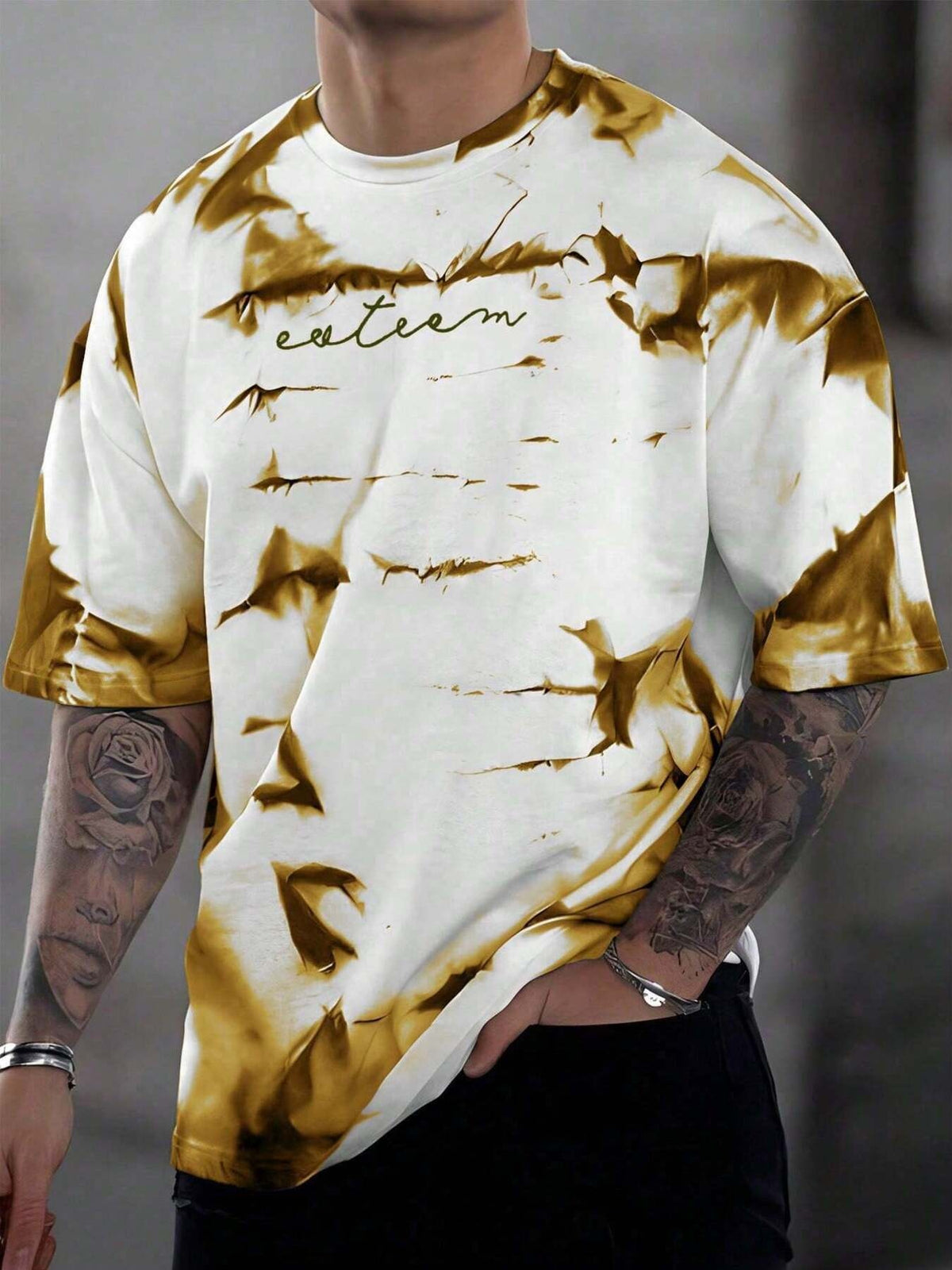 Men's oversized cotton t-shirt with abstract tie-dye pattern and embroidered text.
